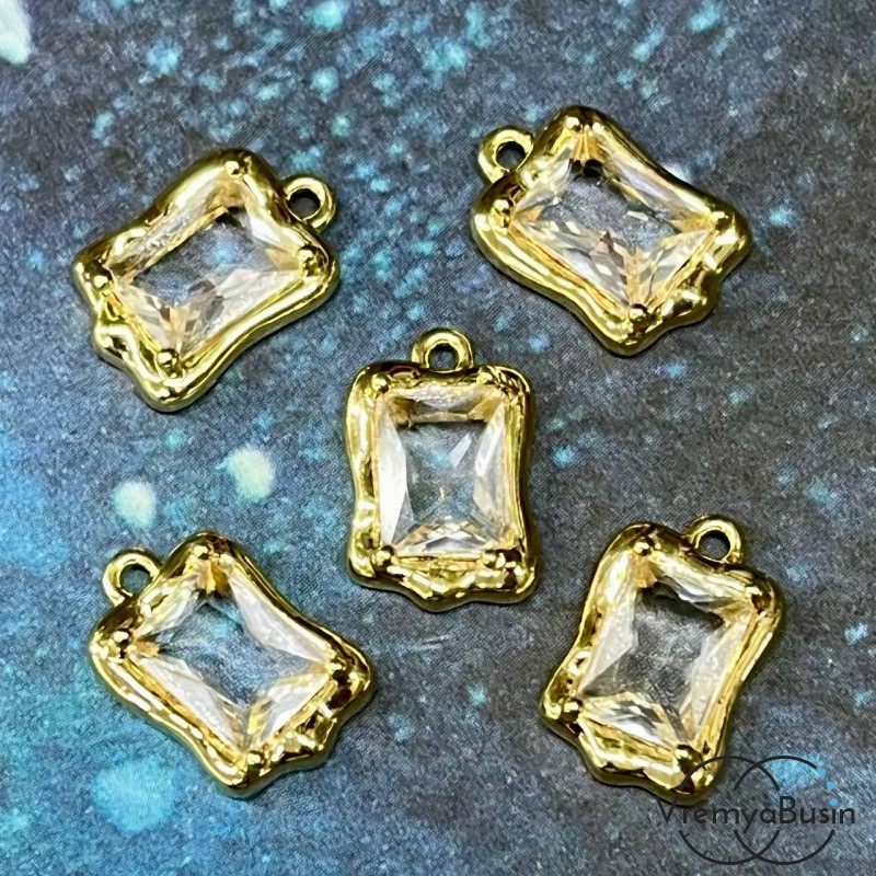 Подвеска с фианитом, прямоугольник 14х9 мм, латунь с позолотой  (1 шт.)