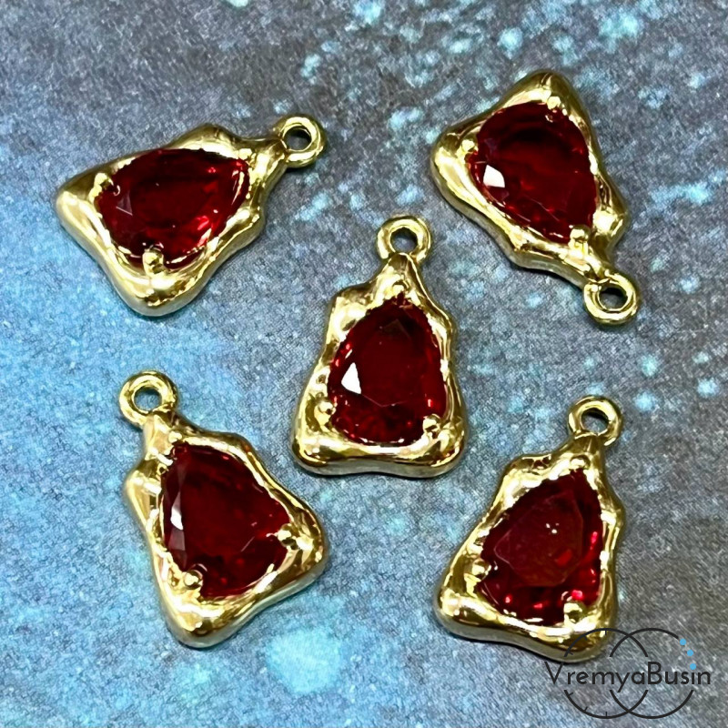 Подвеска с фианитом, капля 14х9 мм, латунь с позолотой, цв. красный  (1 шт.)