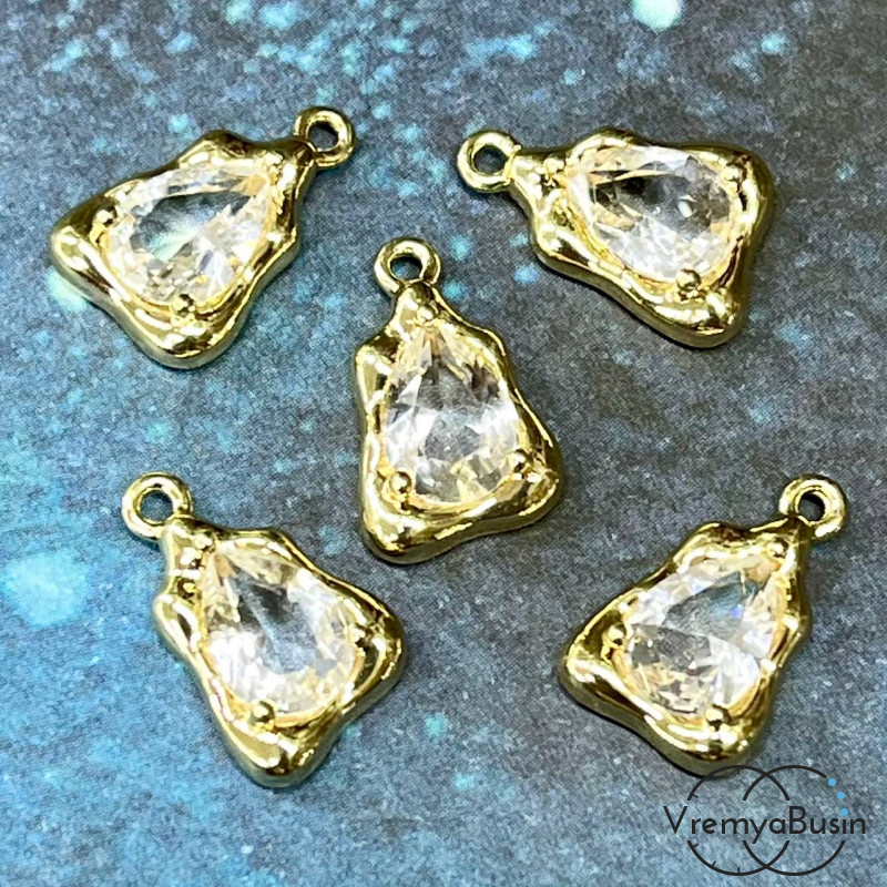 Подвеска с фианитом, капля 14х9 мм, латунь с позолотой  (1 шт.)