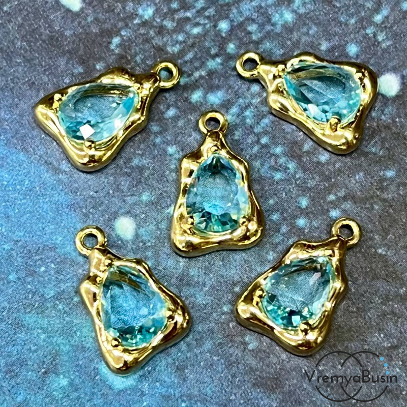 Подвеска с фианитом, капля 14х9 мм, латунь с позолотой, цв. бирюзовый  (1 шт.)