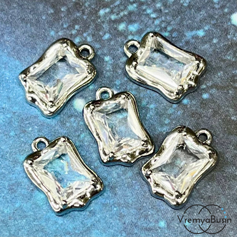 Подвеска с фианитом, прямоугольник 14х9 мм, латунь с родиевым покрытием  (1 шт.)