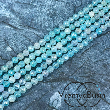 Агат тонир., шарик граненый 6 мм, цв.   голубой   (нить, ок. 65 шт.)