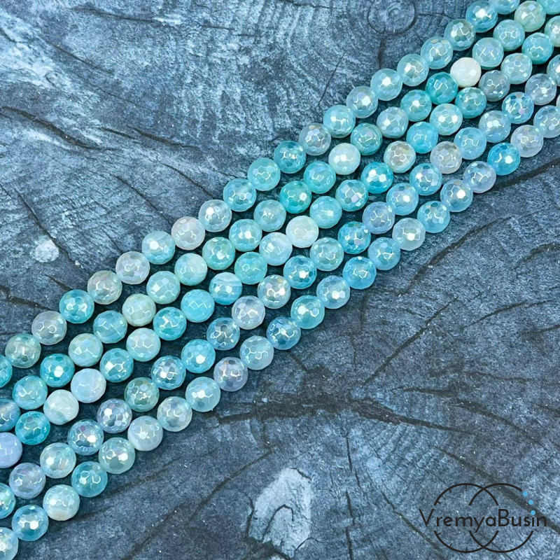 Агат тонир., шарик граненый 6 мм, цв.   голубой   (нить, ок. 65 шт.)