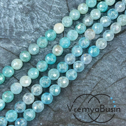 Агат тонир., шарик граненый 8 мм, цв.   голубой   (нить, ок. 48 шт.)