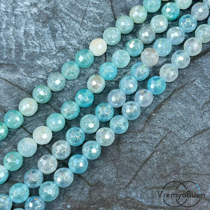Агат тонир., шарик граненый 8 мм, цв.   голубой   (нить, ок. 48 шт.)