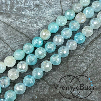 Агат тонир., шарик граненый 10 мм, цв.     голубой (нить, ок. 38 шт.)