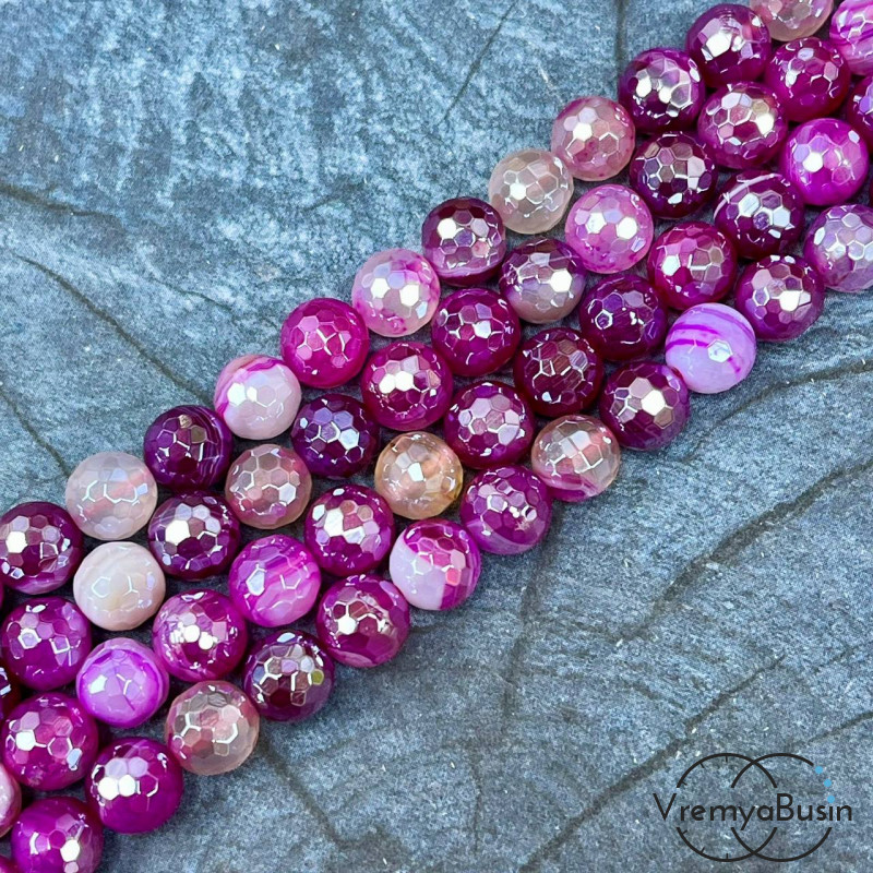 Агат тонир., шарик граненый 8 мм, цв.    малиновый  (нить, ок. 48 шт.)