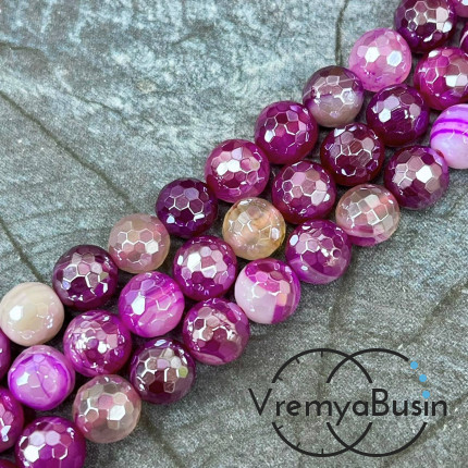 Агат тонир., шарик граненый 10 мм, цв.  малиновый    (нить, ок. 38 шт.)