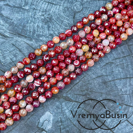 Агат тонир., шарик граненый 6 мм, цв.   красный   (нить, ок. 65 шт.)