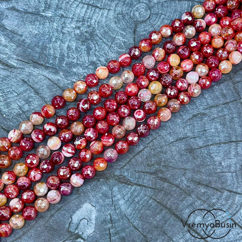 Агат тонир., шарик граненый 6 мм, цв.   красный   (нить, ок. 65 шт.)