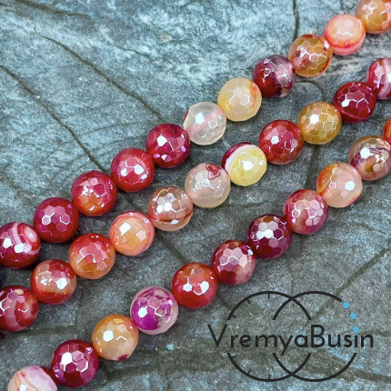 Агат тонир., шарик граненый 10 мм, цв.   красный   (нить, ок. 38 шт.)