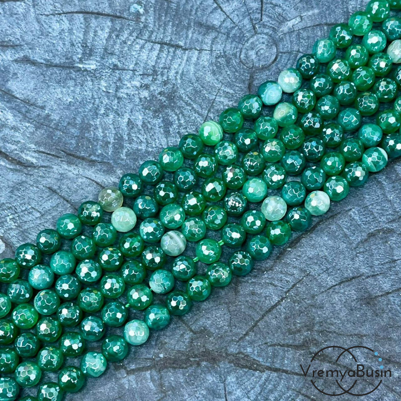 Агат тонир., шарик граненый 6 мм, цв.    зеленый  (нить, ок. 65 шт.)