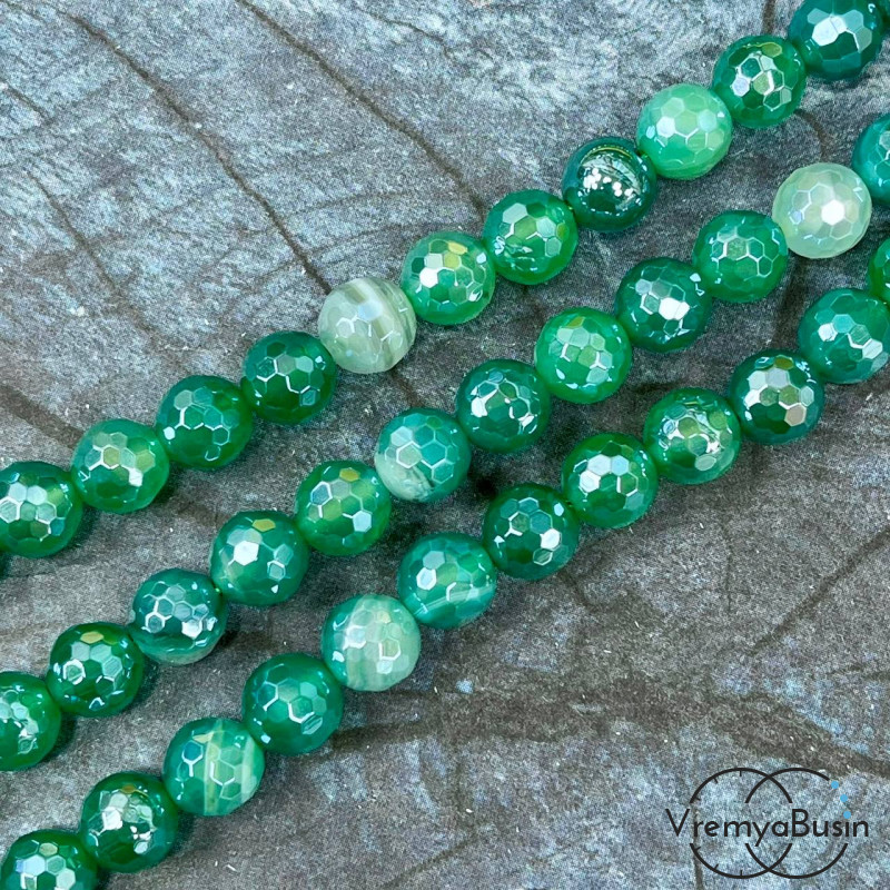 Агат тонир., шарик граненый 10 мм, цв.  зеленый    (нить, ок. 38 шт.)