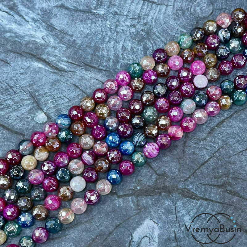 Агат тонир., шарик граненый 6 мм, цв.  разноцветный     (нить, ок. 65 шт.)