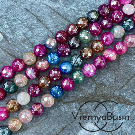 Агат тонир., шарик граненый 8 мм, цв.   разноцветный    (нить, ок. 48 шт.)