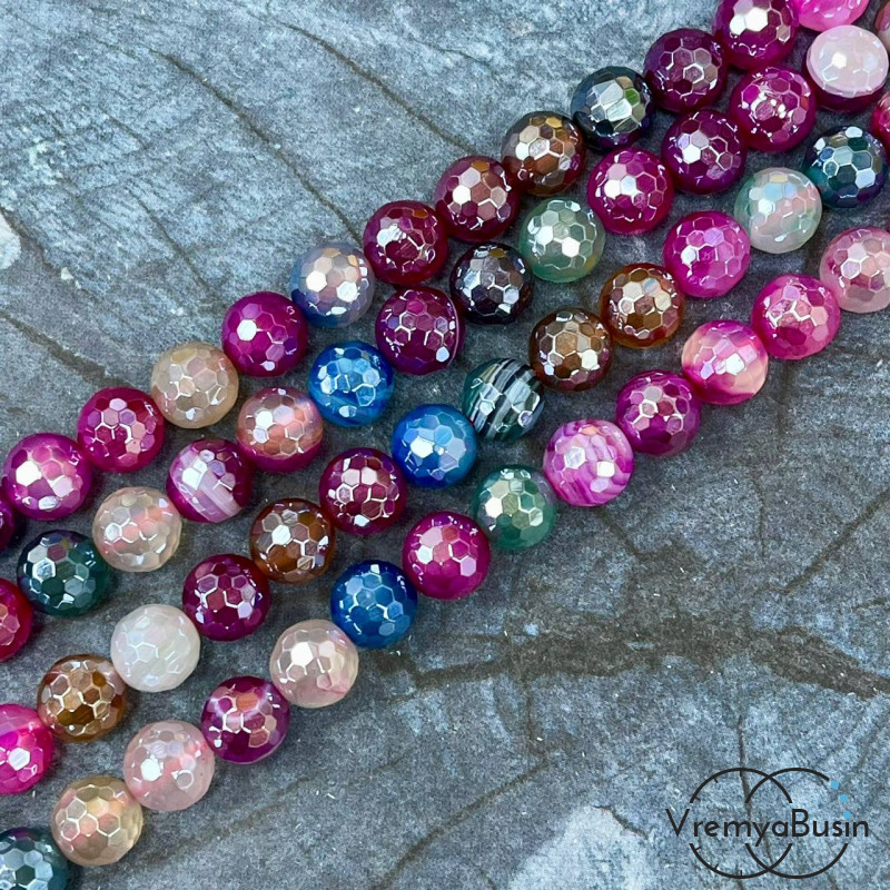 Агат тонир., шарик граненый 8 мм, цв.   разноцветный    (нить, ок. 48 шт.)