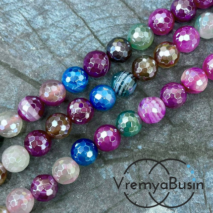Агат тонир., шарик граненый 10 мм, цв.  разноцветный    (нить, ок. 38 шт.)