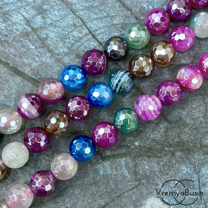 Агат тонир., шарик граненый 10 мм, цв.  разноцветный    (нить, ок. 38 шт.)