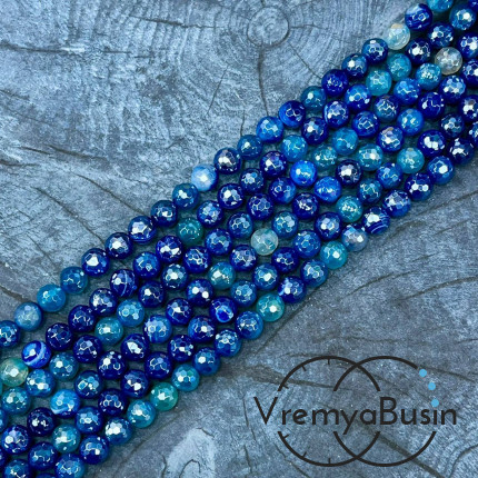 Агат тонир., шарик граненый 6 мм, цв.   синий   (нить, ок. 65 шт.)