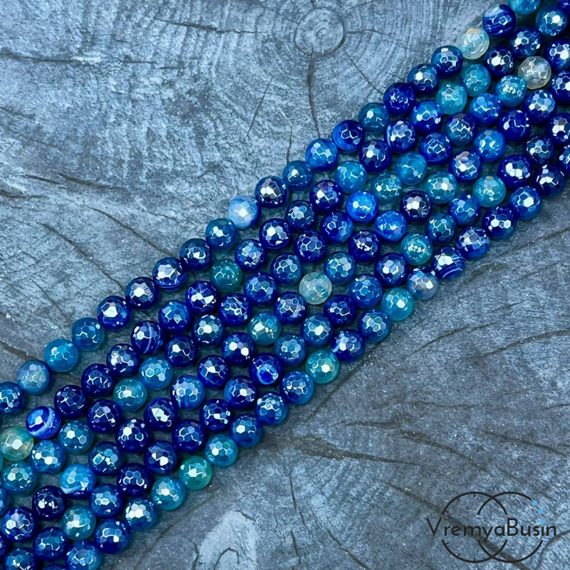 Агат тонир., шарик граненый 6 мм, цв.   синий   (нить, ок. 65 шт.)