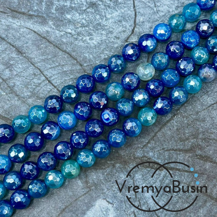 Агат тонир., шарик граненый 8 мм, цв.  синий    (нить, ок. 48 шт.)