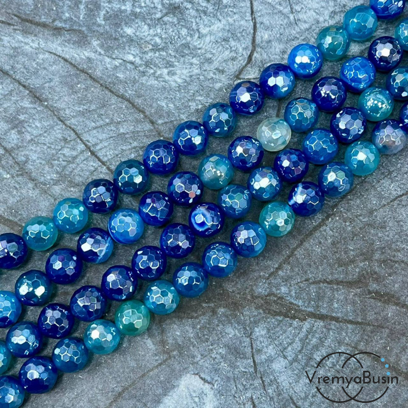 Агат тонир., шарик граненый 8 мм, цв.  синий    (нить, ок. 48 шт.)