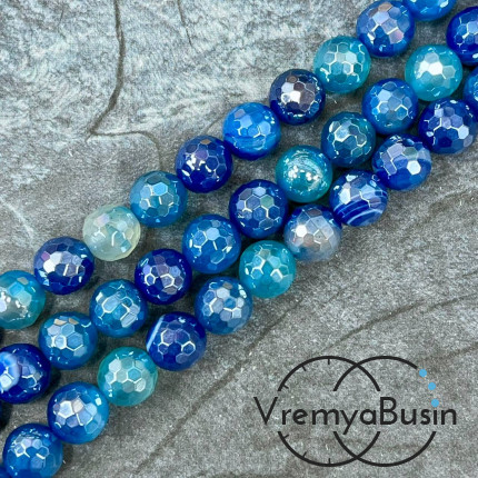 Агат тонир., шарик граненый 10 мм, цв.  синий    (нить, ок. 38 шт.)