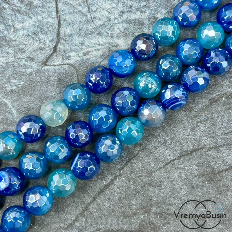 Агат тонир., шарик граненый 10 мм, цв.  синий    (нить, ок. 38 шт.)