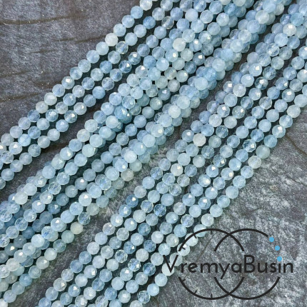 Аквамарин, самые мелкие граненые бусины, шарик 4 мм ААА качество (нить, ок. 40 см.)