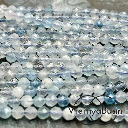 Аквамарин, самые мелкие граненые бусины, шарик 4 мм ААА качество (нить, ок. 40 см.)