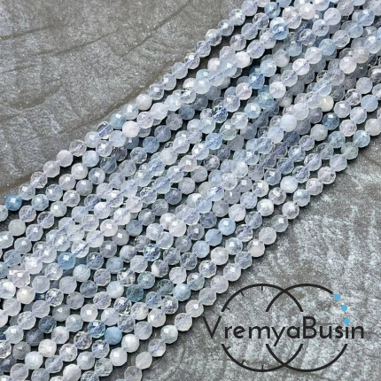 Аквамарин, самые мелкие граненые бусины, шарик 4 мм ААА качество (нить, ок. 40 см.)