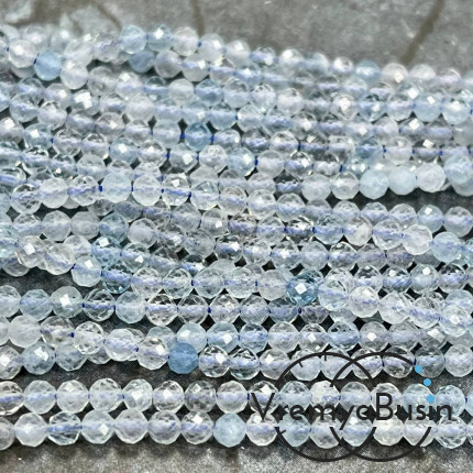 Аквамарин, самые мелкие граненые бусины, шарик 3 мм ААА качество (нить, ок. 40 см.)