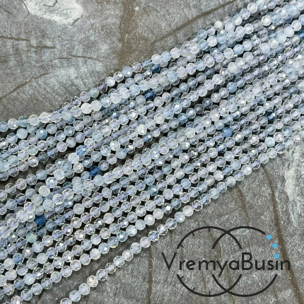Аквамарин, самые мелкие граненые бусины, шарик 3 мм ААА качество (нить, ок. 40 см.)