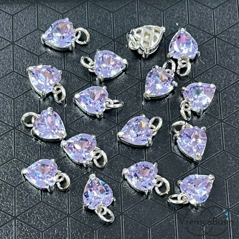 Подвеска с фианитом, сердце 9х7 мм, латунь с родиевым покрытием (1 шт.)