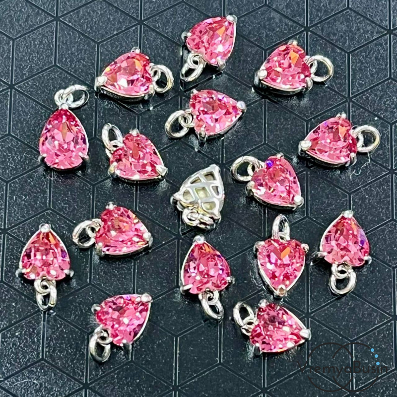 Подвеска с фианитом, сердце 9х7 мм, латунь с родиевым покрытием (1 шт.)