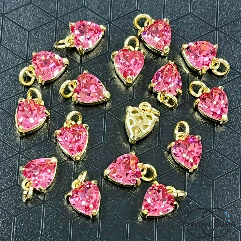 Подвеска с фианитом, сердце 9х7 мм, латунь с позолотой (1 шт.)