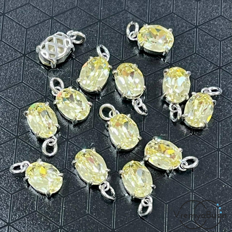 Подвеска с фианитом, овал 10х6 мм, латунь с родиевым покрытием (1 шт.)