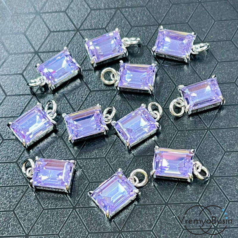 Подвеска с фианитом, прямоугольник 10х6 мм, латунь с родиевым покрытием (1 шт.)