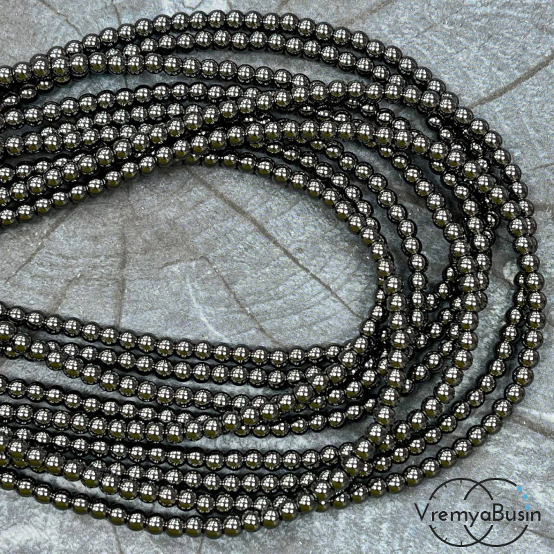 Гематит, шарик гладкий 4 мм, цв. черный   (нить, ок. 90 шт.)