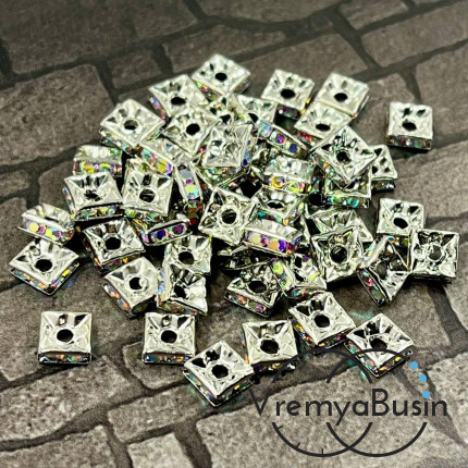 Бусины-разделители квадратные, 6 мм, стекл. стразы цв. перламутр, металл цв. никель (1 шт.)