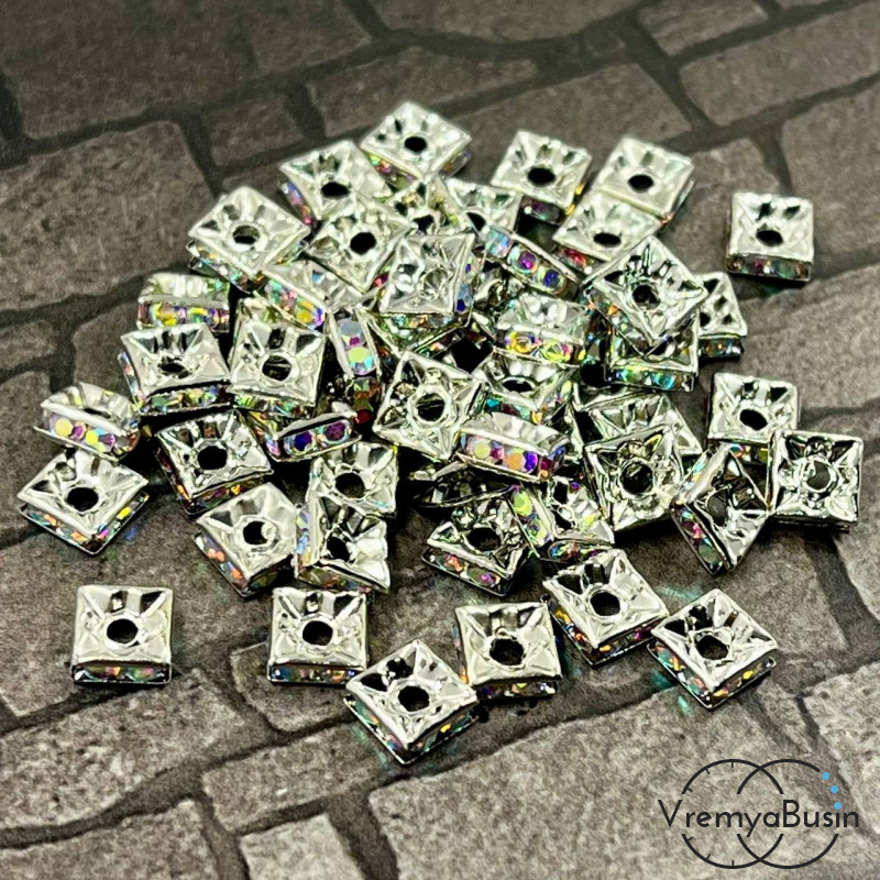 Бусины-разделители квадратные, 6 мм, стекл. стразы цв. перламутр, металл цв. никель (1 шт.)