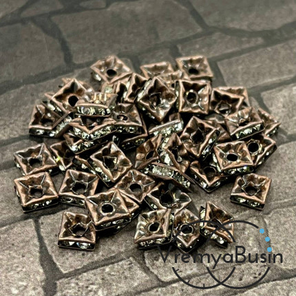 Бусины-разделители квадратные, 6 мм, стекл. стразы цв. кристалл, металл цв. медь (1 шт.)