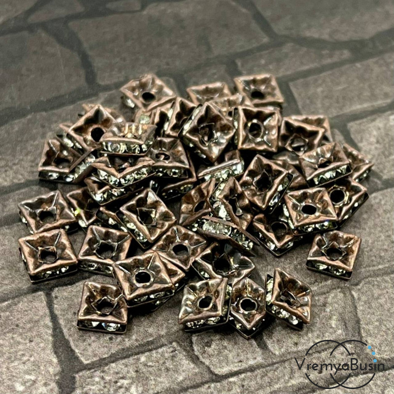 Бусины-разделители квадратные, 6 мм, стекл. стразы цв. кристалл, металл цв. медь (1 шт.)