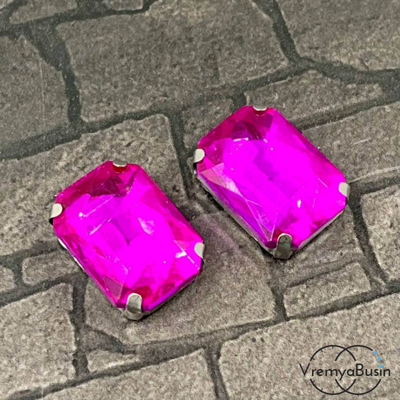 Стразы из стекла в цапах под серебро. Прямоугольник 13х18 мм FUCHSIA (1 шт.)