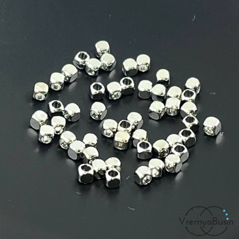 Бусины разделители, округлые кубики 2.5 мм, латунь с родиевым покрытием (10 шт.)