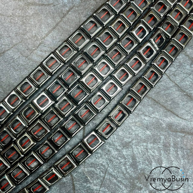 Гематит квадрат, внеш.д. 8 мм / внутр.д. 4 мм, цв. черный (1/2 нити, ок. 19  шт.)