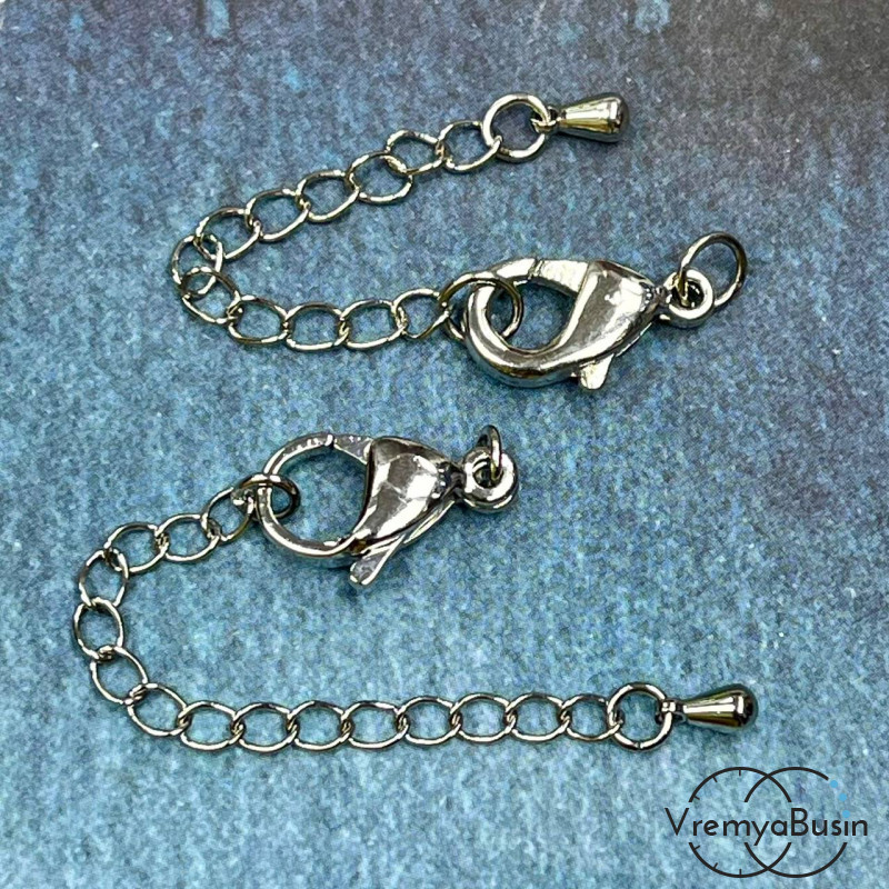 Карабин с цепочкой, латунь с родиевым покрытием 8х14 мм (1 шт.)