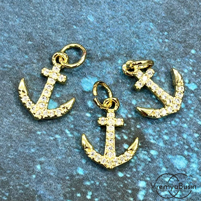 Подвеска с фианитами "Якорь", 10х13 мм, латунь с позолотой (1 шт.)