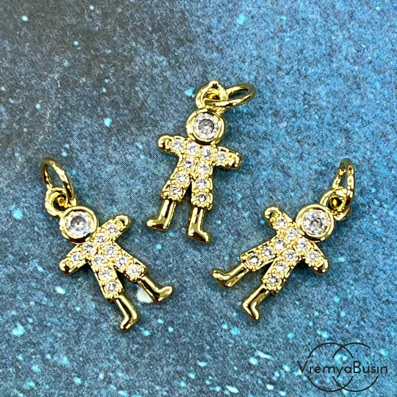 Подвеска с фианитами "Мальчик", 8х15 мм, латунь с позолотой (1 шт.)