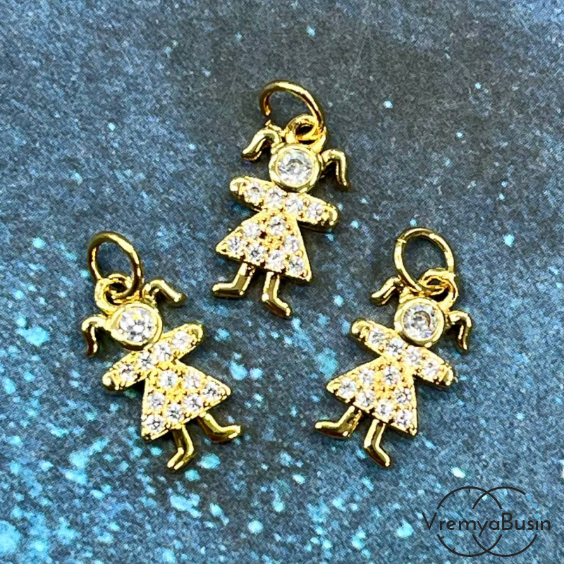Подвеска с фианитами "Девочка", 8х14 мм, латунь с позолотой (1 шт.)